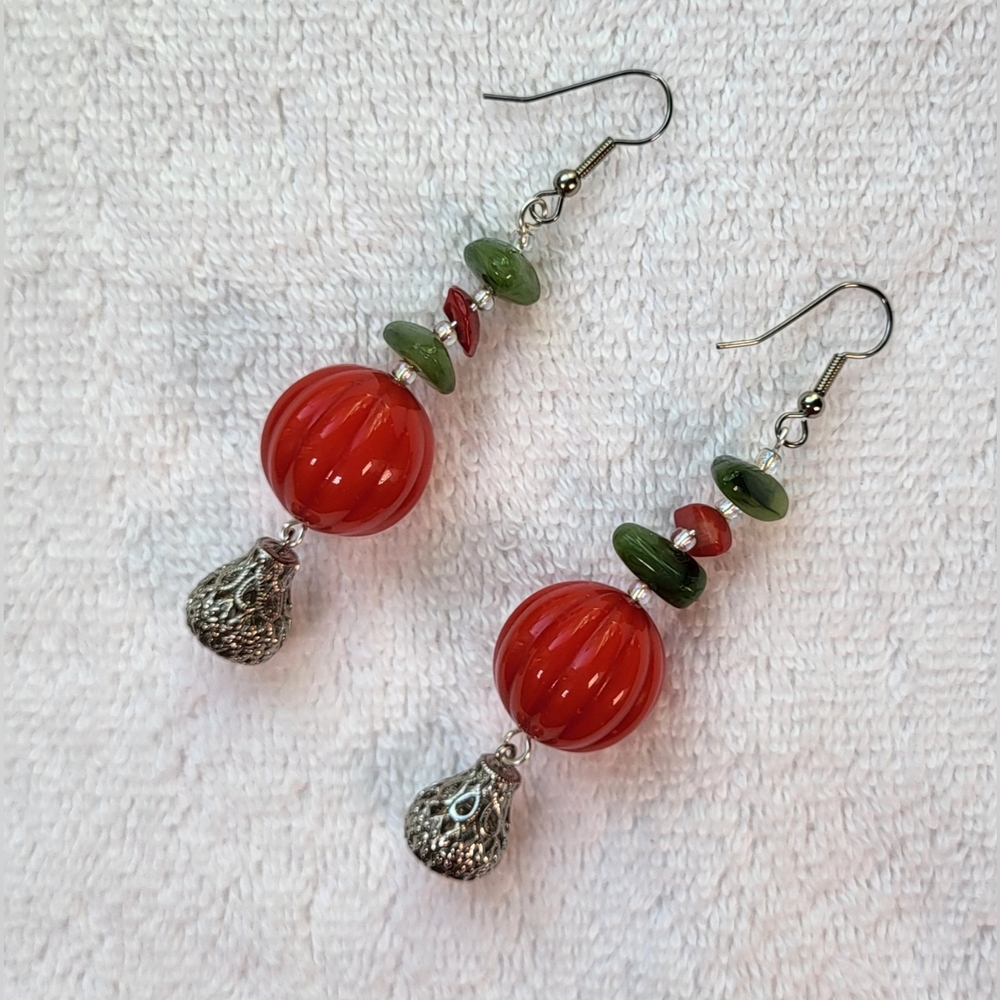 ARTISAN Orange and Green Beaded Statement Dangle Earrings / Pierced